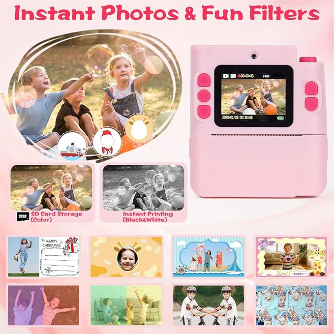 Kids Camera Instant Print, 1080P HD Dual-Lens Selfie Digital Camera with 5 Printing Paper Rolls & 32G TF Card, for Children, Portable Toddler Toy for Age 3-12 Boys & Girls (Pink)