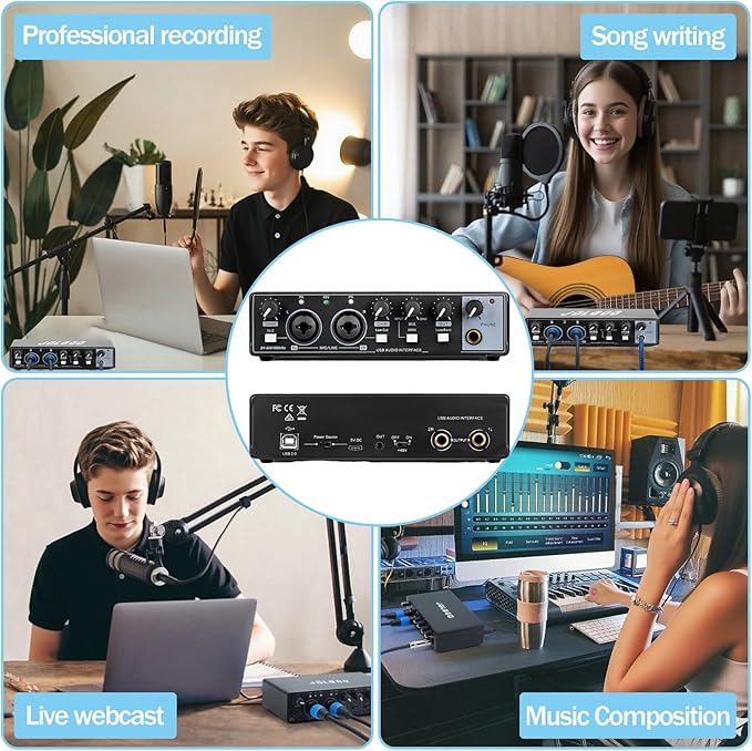 USB Audio Interface for Recording Music, 24-Bit/192kHz, Plug and Play Audio Interface for PC, Mac, and Smartphone – Low Latency, XLR/Line In, Headphone Out