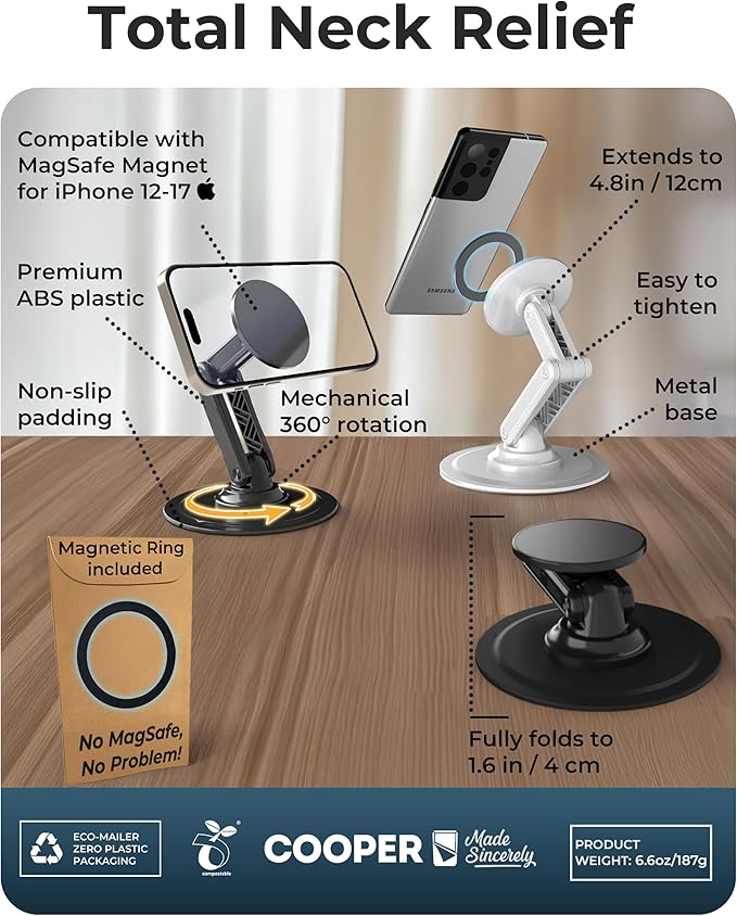 COOPER Mag360, Desktop MagSafe Stand for iPhone 17 Pro Max (16/15/14/13/12), Magnetic Phone Holder for Desk, 360° Rotating, Height Adjustable, Magnetic Phone Stand for Desk, with Metal Ring (White)