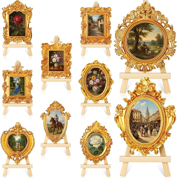 Remerry 10 Pcs Gold Vintage Picture Frame Antique Mini Frame Small Photo Display Miniature Tiny Resin Jewelry Display 4 Inch Wooden Stand for Home Wedding