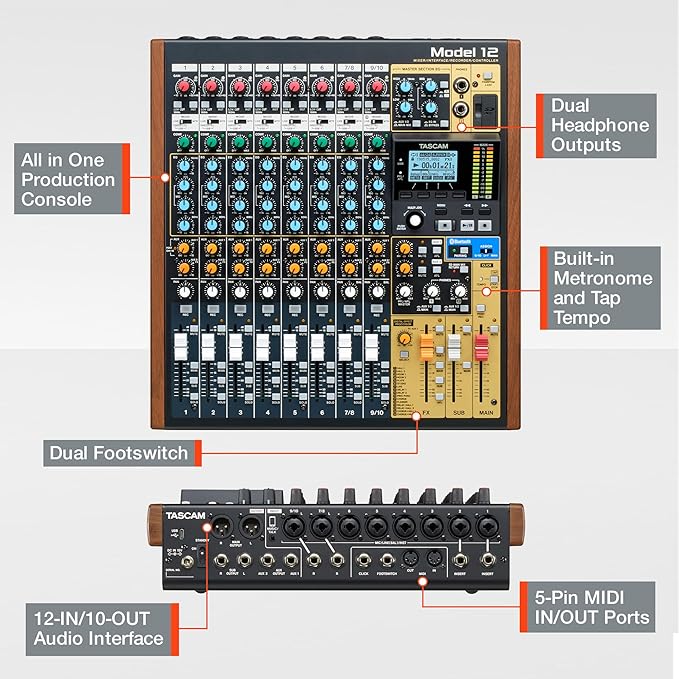 Tascam Model 12 All-in-One 12-track Digital Multitrack Mixing and Recording Studio, Mixer, USB Audio Interface and DAW Controller