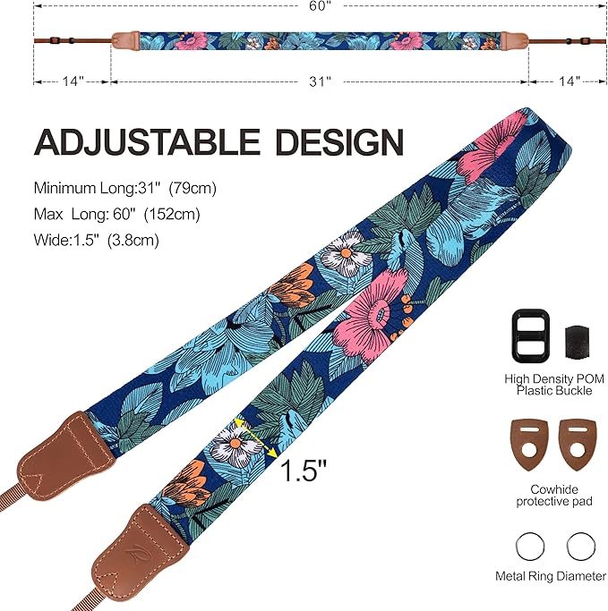Padwa Lifestyle Camera Strap - 1.5" Soft Nylon Print Crazy Horse Cowhide Head Camera Straps for Photographers and All Cameras,Cute Adjustable Vintage Woven Strap for Adults & Kids(Flower Heart Blue)