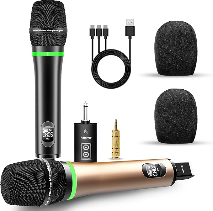 Bietrun Wireless Microphone, 240FT Rechargeable UHF Metal Dual Cordless Handheld Dynamic Mics with Bluetooth for Karaoke Machine, PA System Speaker, Mixer, Party, Church, Wedding(Rose Gold)