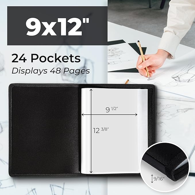 Dunwell 9x12 Art Portfolio Binder (3-Pack, Black), Includes Mounting Paper, Portfolio Binder for Artwork, 9 x 12 Art Folder, 24 Pockets Display 48 Pages, Acid-Free Poly Presentation Book