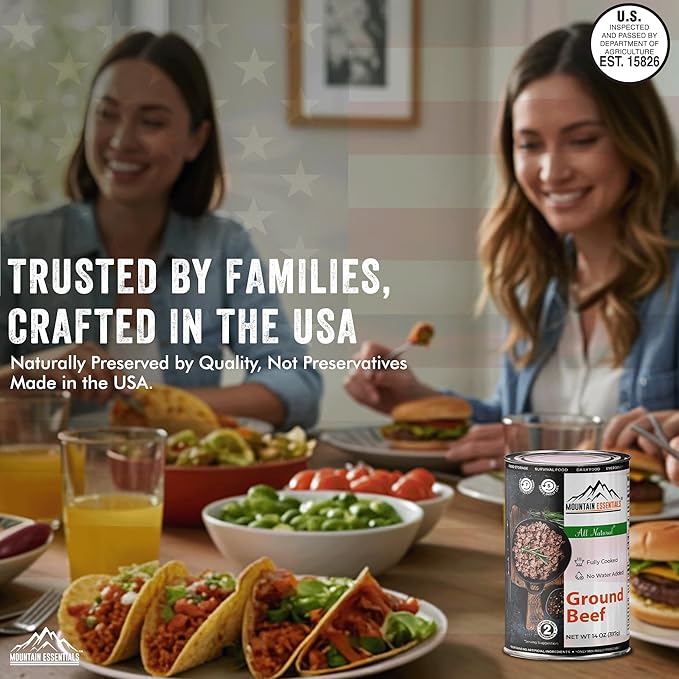 MOUNTAIN ESSENTIALS Ground Beef 14 Oz Fully Cooked Ready to Eat Hamburger Meat Emergency Survival Bulk Food Storage Canned Meat Perfect for Quick Meals 5 Years Shelf Life Made in USA Pack of 24