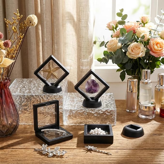 60 Pcs 3D Floating Display Case, Plastic Coin Holder with Stand for Challenge Coins, Medallions, Jewelry, Rocks and Specimens, 2.76x2.76x0.79 Inch Protective Frame, Black