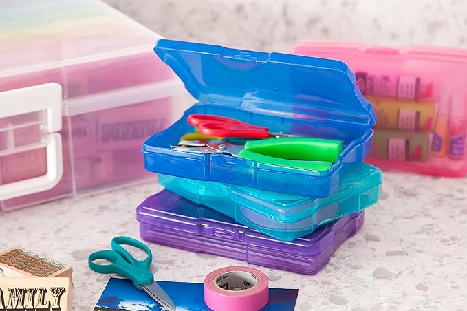IRIS USA 4" x 6" Photo Storage Box Craft Keeper, Transparent Handle Container with 16 Organization Holder Cases for Pictures, Tasks, Scrapbooking, Ephemera, Stationery Storage, Multi-Color/Clear