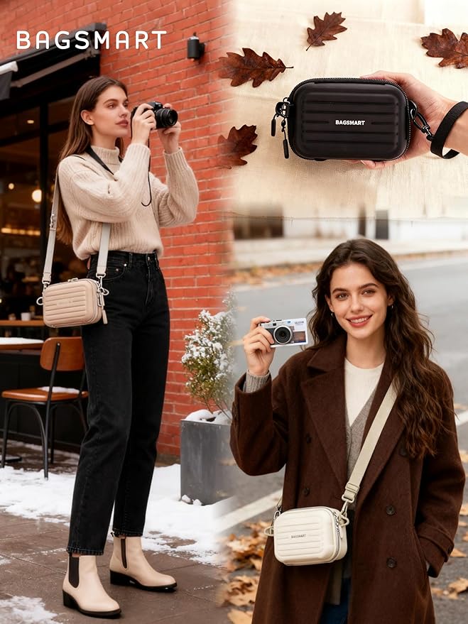BAGSMART Digital Camera Case, Waterproof & Protective Small Camera Bag with 2 Carrying Ways, Lightweight Camera Sling Bag for Canon PowerShot ELPH 180/190 / Sony DSCW800/DSCW830 - Beige
