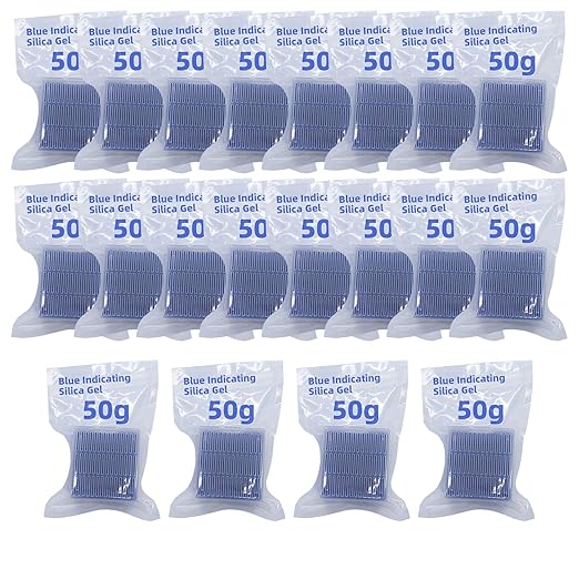 Blue Indicating Silica Gel Beads 20 Packs 50 Gram Desiccant Functional Hard Plastic Canister Dehumidifier Moisture Absorb Box Dryer for Camera Microscopes Telescopes