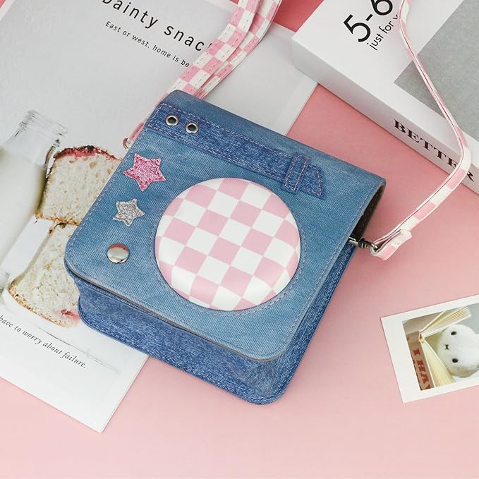 Frankmate Protective Case Compatible with Fujifilm Instax Mini SE/7+ Camera, Sweetheart Denim Camera Bag with Pocket and Adjustable Shoulder Strap