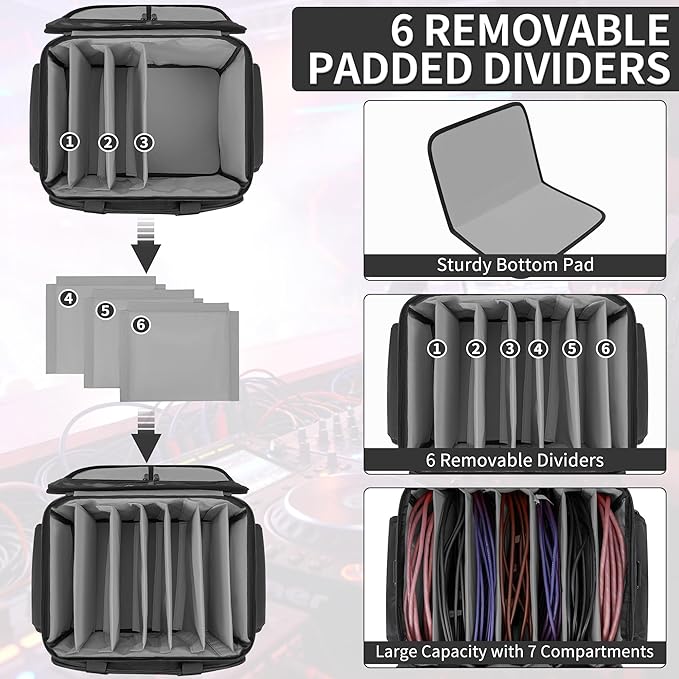 DJ Cable File Bag with 6 Detachable Dividers High Capacity Gig Cable Bag for Cords, DJ Gear, Sound Instrument and Accessories, Grey