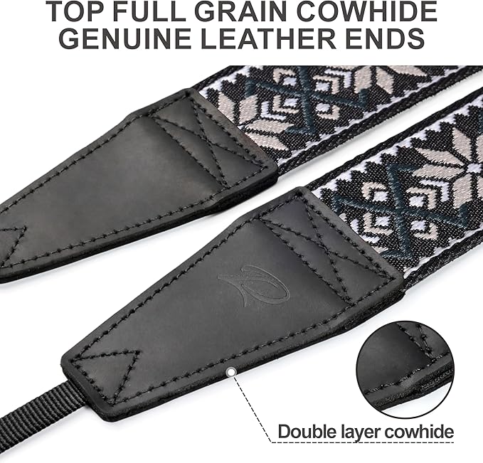 Padwa Lifestyle Camera Strap - 2" Full Grain Leather Ends Camera Straps for Photographers, Vintage Embroidered Cotton Weave Soft Strap Quick Release fits All Cameras