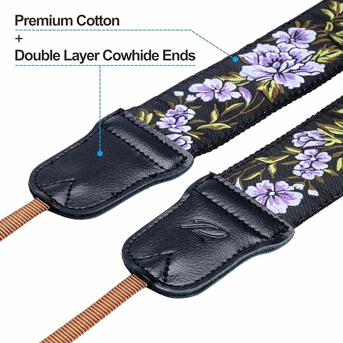 Padwa Lifestyle Purple Flower Camera Strap - 2" Double Layer Cowhide Head Camera Straps for Photographers，Adjustable Neck & Shoulder Vintage Jacquard Embroidery Flower Cotton Strap for all Cameras