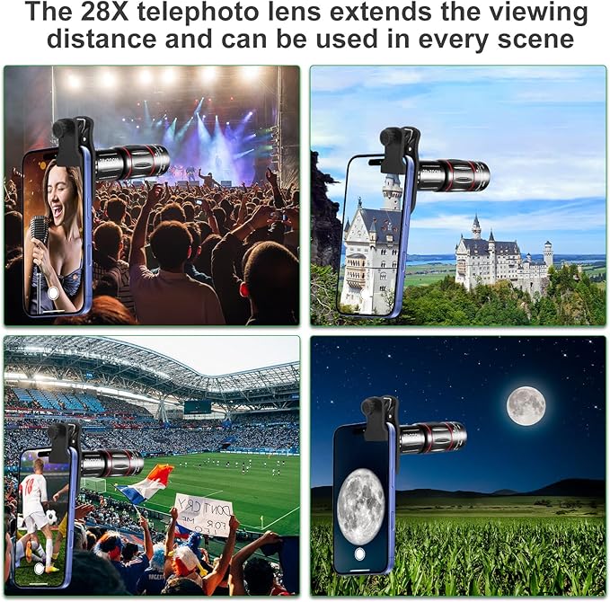 iPhone Zoom Lens Attachment Phone Camera Lens Kit 28X Telephoto Lens for iPhone, Suitable for Most Smartphones (Black)