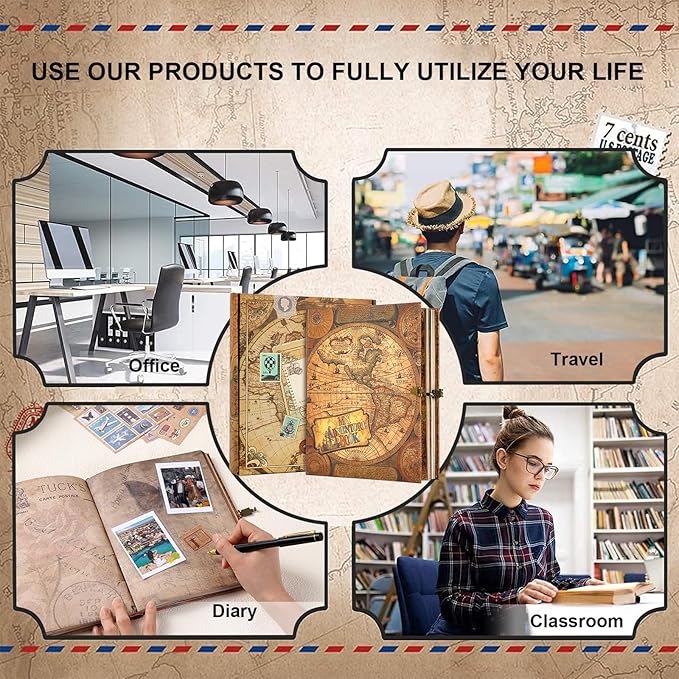 My Adventure Book Scrapbook 124 Pages Retro Style Embossed Photo Album,DIY Handmade Memory Travel Diary Photo Scrapbook for Couples,Anniversary,Wedding,Valentines Day Gifts(Retro Map)