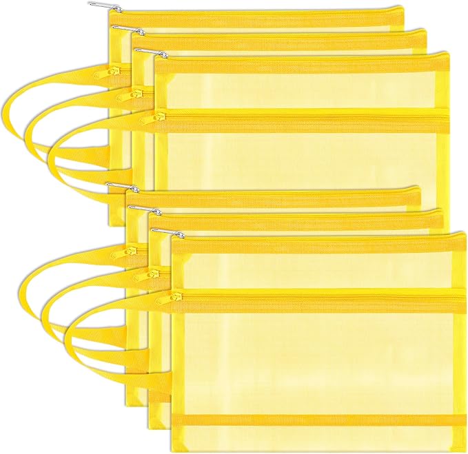 Fassave 6 Pack Mesh Zipper Pouch Bags, Double Layer Nylon Pouch with Handle for Office Travel Organization (Yellow, A4)