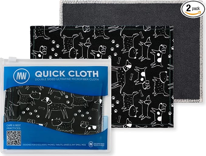 Quick Cloth Microfiber Glasses Cleaning Cloths – 5x7, Dogs, 2 Pack with Case | Double-Sided Lens Cleaner for Eyeglasses, Camera, Screens & Glass | Reusable Microfiber Glass Polishing Cloths
