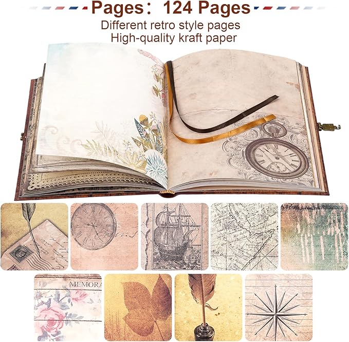 My Adventure Book Scrapbook 124 Pages Retro Style Embossed Photo Album,DIY Handmade Memory Travel Diary Photo Scrapbook for Couples,Anniversary,Wedding,Valentines Day Gifts(Brown)