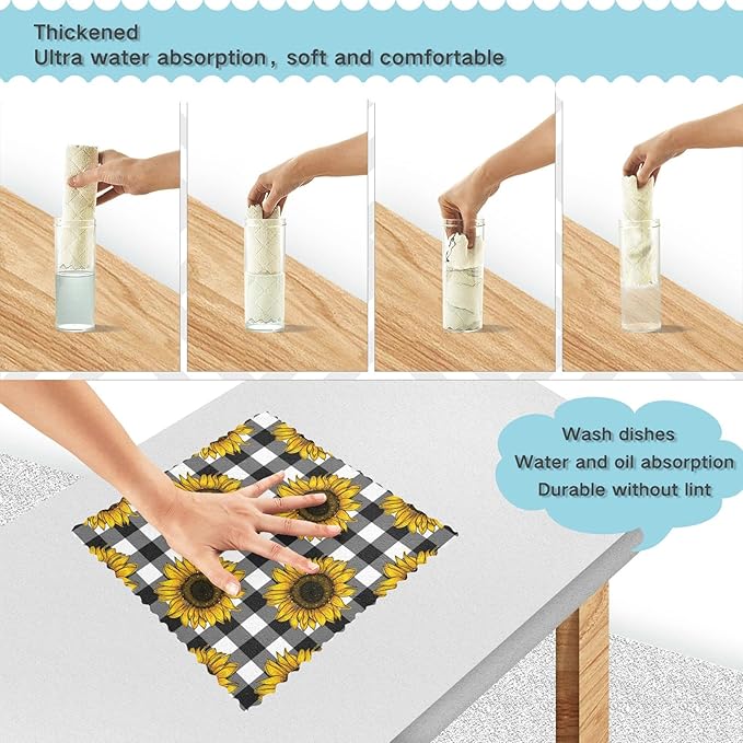 CaTaKu Black and White Plaid Sunflower Kitchen Dish Cloths for Washing Dishes Reusable Cleaning Cloth Dish Towels Microfiber Washcloths Dish Rags for Kitchen, 6 Pack