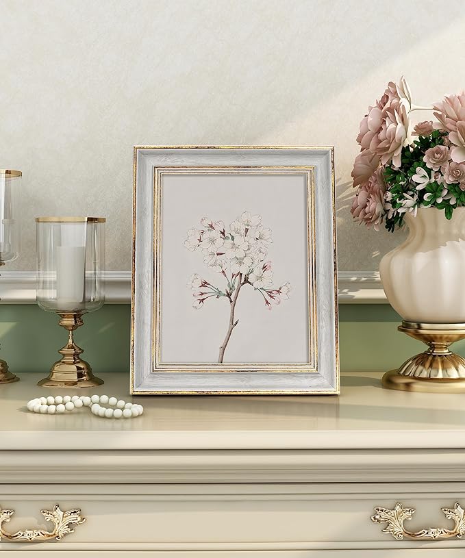 Afuly 8x10 Picture Frame Vintage Picture Frames Antique Retro White Gold Edge Photo Frame Gallery Wall Hanging Tabletop Display for Home Decor Birthday Gifts for Grandma Mom
