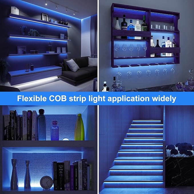 Blue COB LED Strip Lights Battery Powered with Remote, 6.56FT 640LED Light Strip Dimmable Cuttable Flexible Wireless LED Tape Light for DIY Display, Back Light Design, Kitchen, Boat, Car Decoration