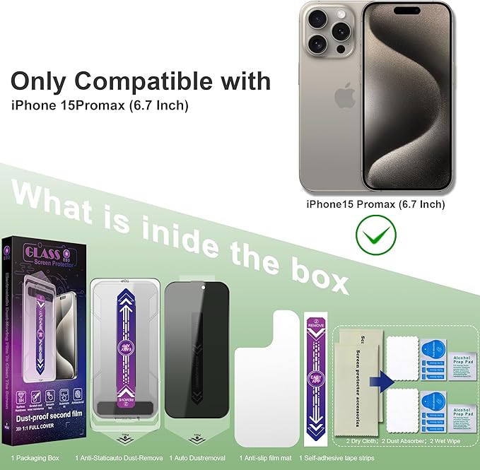 SHANG PIN JIA 2 Pack Privacy Screen Protector for iPhone 15 Pro Max 6.7-Inch Auto Dust Removal, No Bubbles,Anti-Spy Tempered Glass Film, Easy Installation