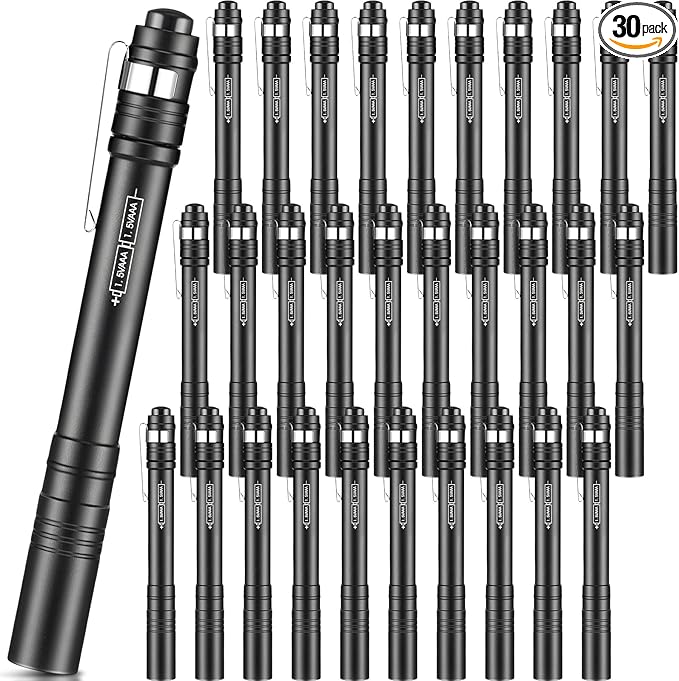 30 Pack Christmas Mini Pen Flashlights Bulk Gifts LED Pen Lights Aluminum Pocket Flashlights with Clips Small Handheld Torches for Men Camping Hiking Emergency Outdoor (Black)