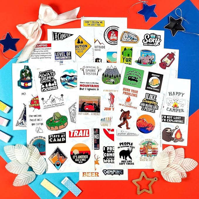 BulbaCraft 100Pcs Funny Camping Stickers, Camping Gifts, Camp Stickers, Camp Life Laptop Decals, Gifts for Women & Men