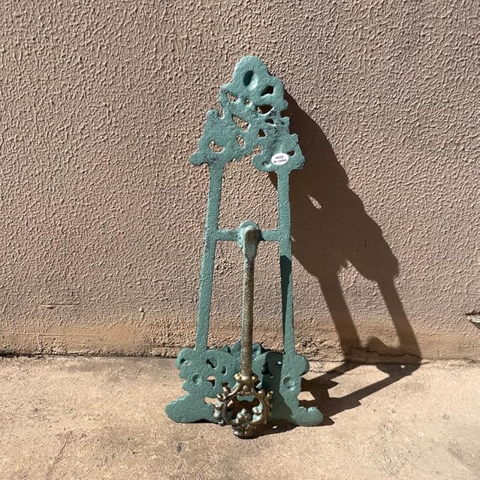 Decorative Metal Easel Stand, Vintage Turquoise Cast Iron, Ornate Scroll Design, 13.4x5.5 Inches, Display Holder for Art, Photo, Book,Tablet and More