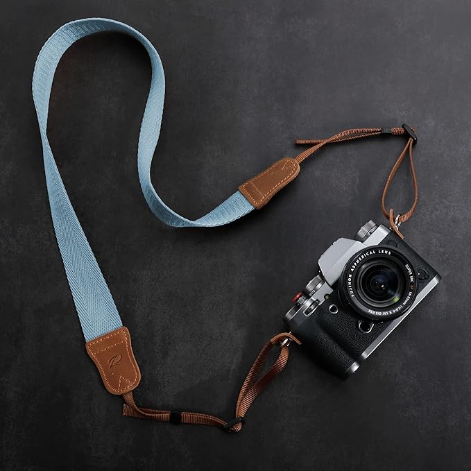 Padwa Lifestyle Light Blue Camera Strap - Double Layer top-grain Cowhide Ends,1.5"Wide Pure Cotton Woven Camera Straps,Adjustable Neck Shoulder Strap for All DSLR Cameras,Great Gift for Photographers