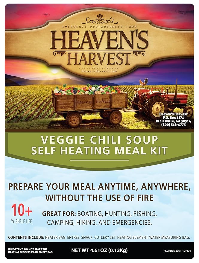 Heaven's Harvest Self-Heating Emergency Meal Kit (10 Year Shelf Life) — Tastier than MRE Meals & Ready-To-Eat in Minutes! Just add water to activate the “cooking” process. (Veggie Chili) (Single)