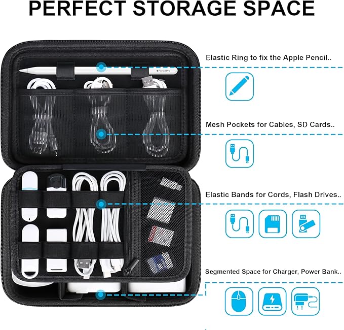 Lacdo Hard Travel Electronic Organizer Case for MacBook Power Adapter Charger, Cables, Cords, Apple Pencil, Mouse, Power Bank, USB Flash Disk, SD Cards EVA Protective Portable Accessories Bag, Black