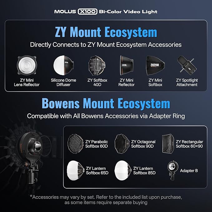 ZHIYUN MOLUS X100 Bi-Color Standard 100W Video Light [Official] V2 Upgraded Version Professional Photography Lighting Portable Continuous Output Lighting 2700~6500K CRI≥95 TLCI≥97（No Battery）