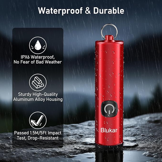 Blukar Rechargeable EDC Flashlight, Mini Keychain Flash Light with 3 Lighting Modes, Memory Function, Waterproof, Compact and Portable Pocket Light for Everyday Carry, Emergency,Camping-Red