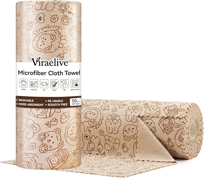 Microfiber Cleaning Cloth Roll, 50-Count, Reusable Durable Washable Absorbent Towels, Lint-Free Non-Scratch Dish Rags for Kitchen & Housekeeping, Car & Screen, Brown Cute Bear Print, 12x12 in