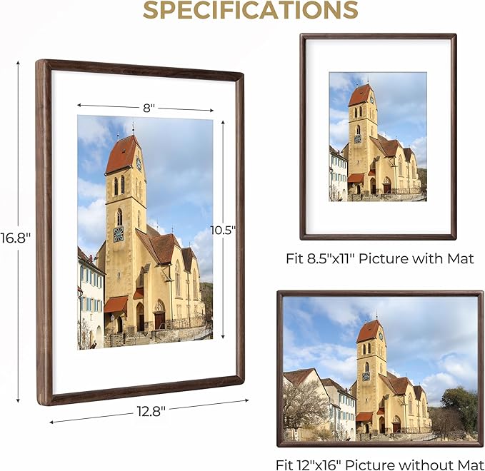 Dreamland 12x16 Picture Frame Matted to 8.5x11 Solid Walnut Wood Wedding Picture Frames Handcrafted Rounded Corner with HD Tempered Glass Tabletop or Wall Mount Display, 1 Pack