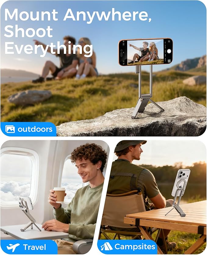 LULULOOK Rugged Magnetic Phone Tripod Stand for iPhone/Pixel 10 - Portable Strong Magnetic Phone Holder for Magsafe - Tripod Mount for iPhone 13/14/15/16/17 Pro Max & Air (Titanium)