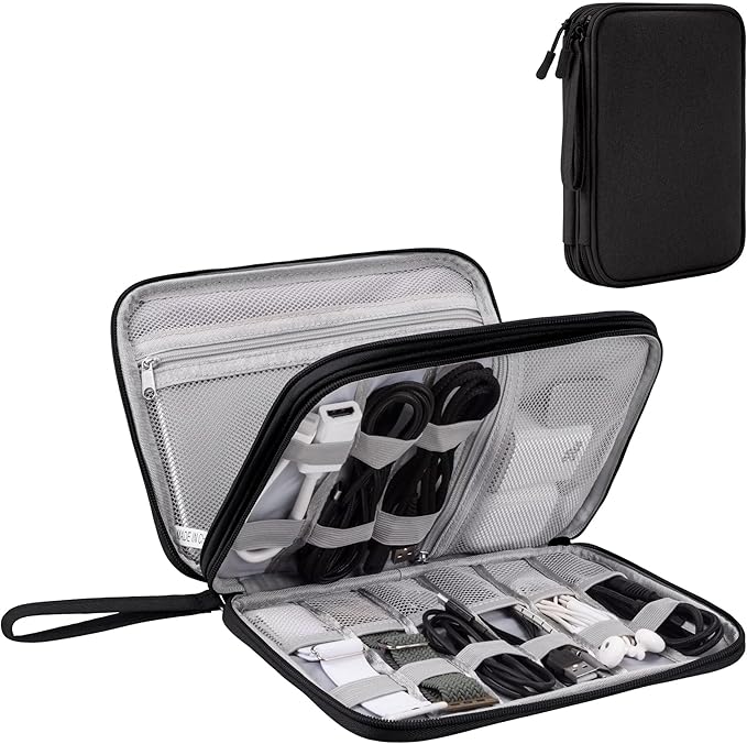 Arae Electronic Accessories Organizer, Travel Essentials Cable Bag with Double-Layer Storage for Cables, Cards, Chargers - Black, L