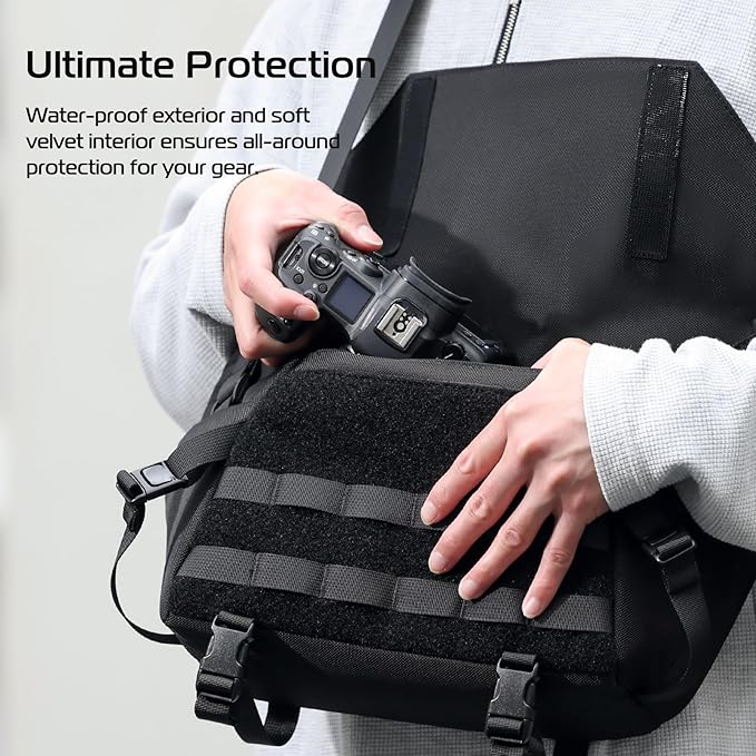 ULANZI Sling Camera Case with Tripod Holder, Small Compact Camera Tactical Shoulder Bags for DSLR/SLR/Mirrorless Cameras, Water-Resistant Crossbody Bag Women Men, Black BC08