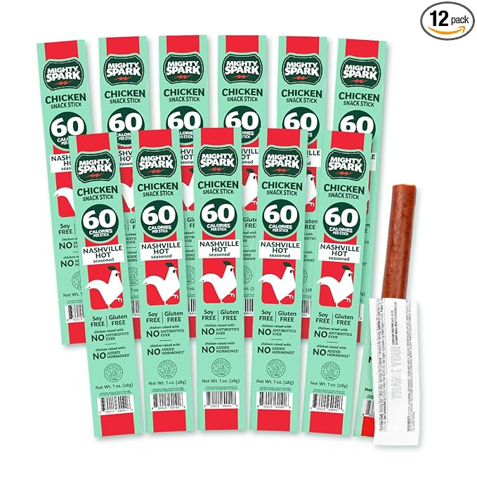 Mighty Spark Chicken Snack Sticks - Nashville Hot - 6g of Protein, No Antibiotics, No Hormones, Gluten Free, Soy Free Meat Sticks - High Protein Keto Snacks, Weight Watchers Approved - 12 Count