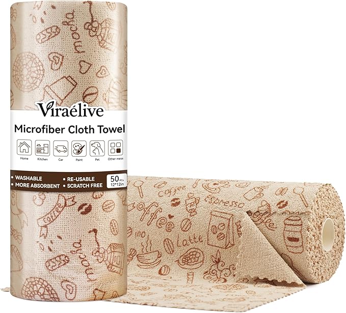 Microfiber Cleaning Cloth Roll, 50-Count Reusable Durable Absorbent Lint-Free Non-Scratch Towels, Dish Rags for Kitchen & Home, Studio, Multi-Purpose, Food Pattern, 12x12 in