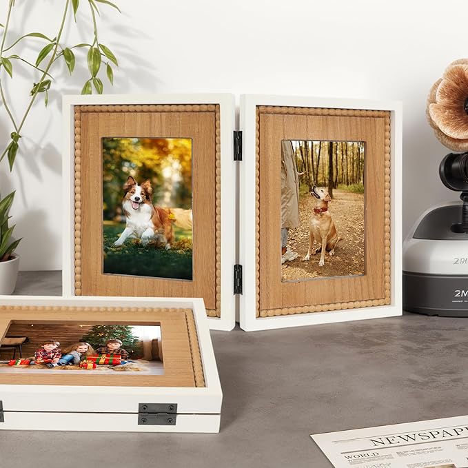 RiteSune Rustic 2 Picture Frame 5X7 Distressed Photo Frames with Beads for Tabletop Display, Vintage Picture College Frame for Present