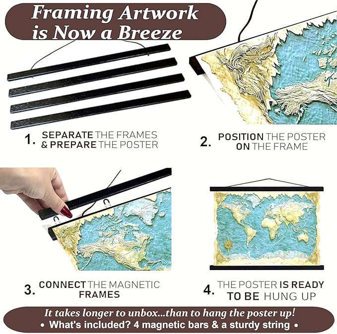 DACRI HOME Magnetic Poster Hanger Frame, Sturdy Magnetic Poster Frame with Teak Wood, Strong Magnets for Hanging Maps, Pictures, Prints, Scroll Wall Art, 18x18 18x24 18x27 (18 Inch, Black)