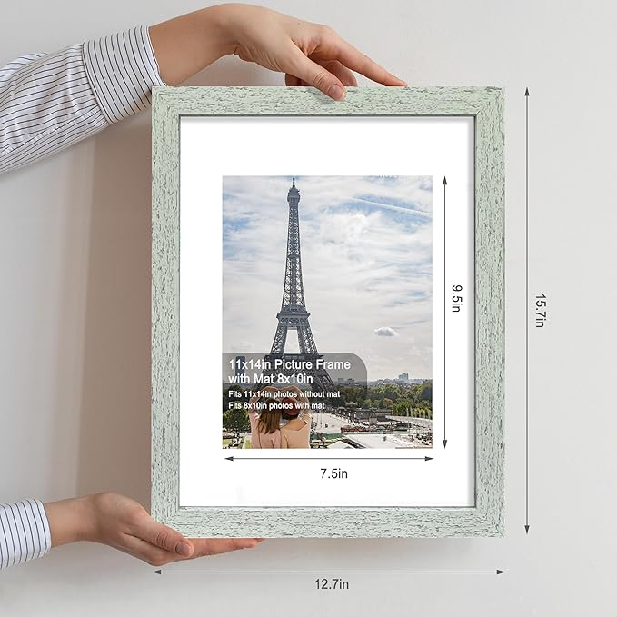 11x14 Picture Frame Set of 4, Made of Real Glass and Sage Green Wooden Frame, Display 8x10 Pictures with Mat or 11 x 14 Posters without Mat for Wall Mounting, Gallery Photo Frames