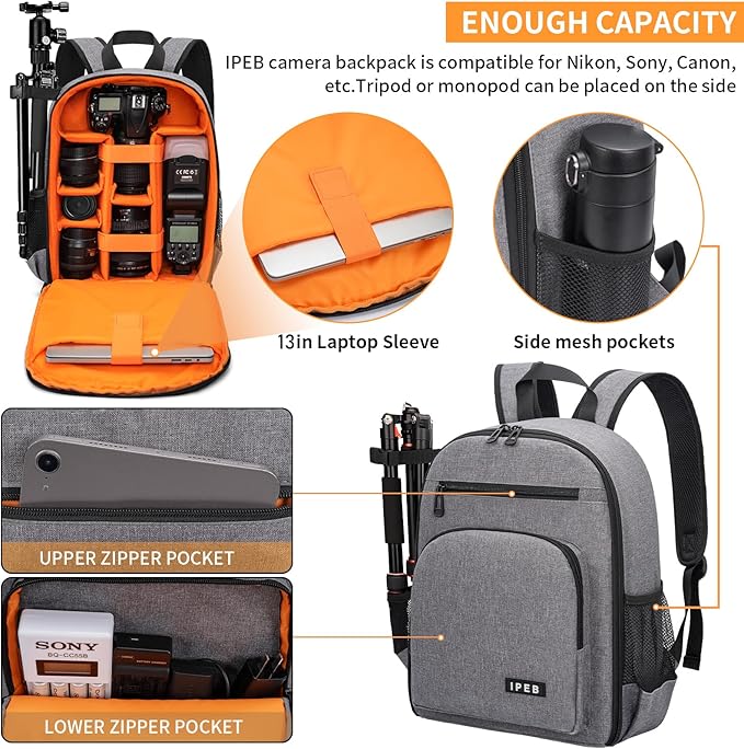 IPEB Camera Backpack for DSLR/SLR/Mirrorless Bag Professional Waterproof Camera Case 11"X5.9"X15" for Photographers Grey Orange