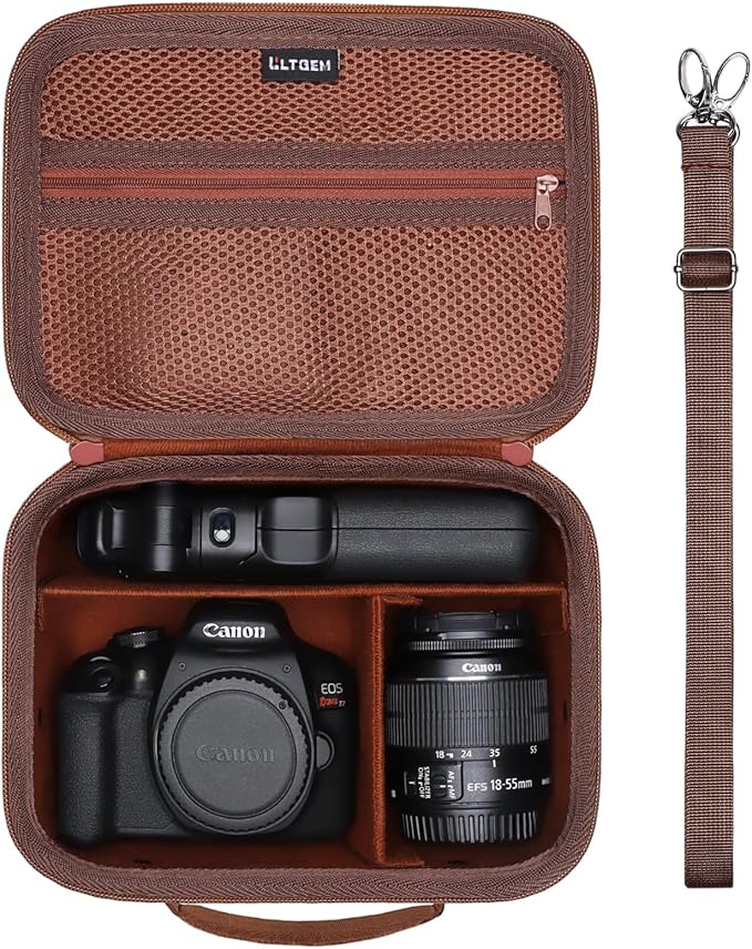 Camera Case Compatible with Canon EOS Rebel T7/R50/R6 Mark II/R100/R50 V/T6/R8/R10/R5 Mark II/RP/R7/5D Mark IV/SL3/R5/T100 DSLR SLR Camera, Len and Tripod with 4 Dividers and Shoulder Strap, Brown