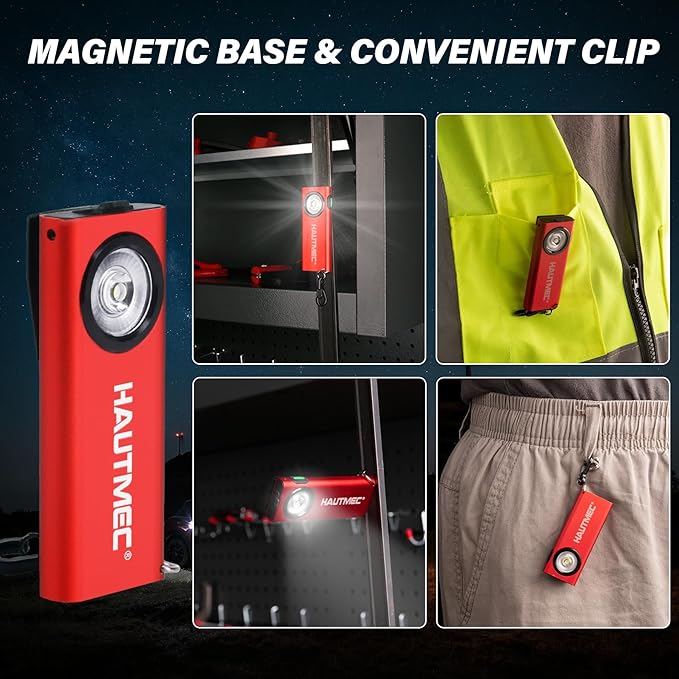 HAUTMEC Mini Flat Flashlight Rechargeable EDC 400LM Pocket Magnetic Flashlight Base & Clip Type-C Charging Keychain Slim Led Flashlight for Outdoor, Car Repairing, Camping, Portable Work Light