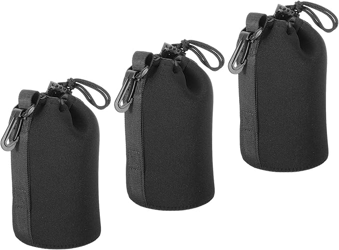 Patikil 3 Pcs 3.7" x 7.1" Drawstring Lens Pouch with Thick Protective Neoprene, DSLR Camera Lens Case for Water, Coffee Cups - Black