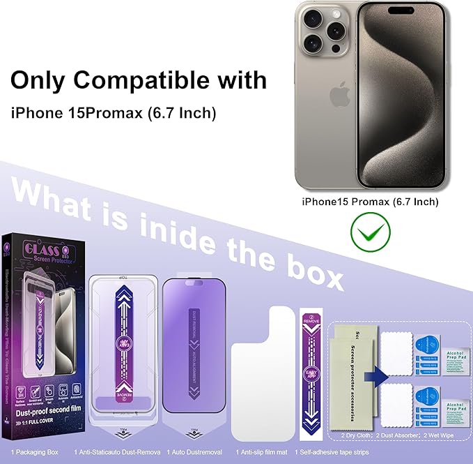 SHANG PIN JIA 2 Pack Anti Blue Light Matte Screen Protector for iPhone 15 Pro Max 6.7-Inch Auto Dust Removal, No Bubbles, Tempered Glass Film, Easy Installation