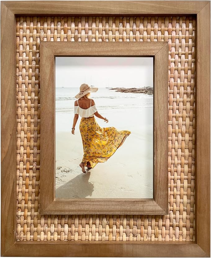 Handwoven Rattan & Solid Wood Picture Frame for 5x7 Photo or Artwork - Rustic Picture Frames, Wicker Wall Decor, Coastal, Beach, or Tropical Style, All Natural Wood & Seagrass - Brown